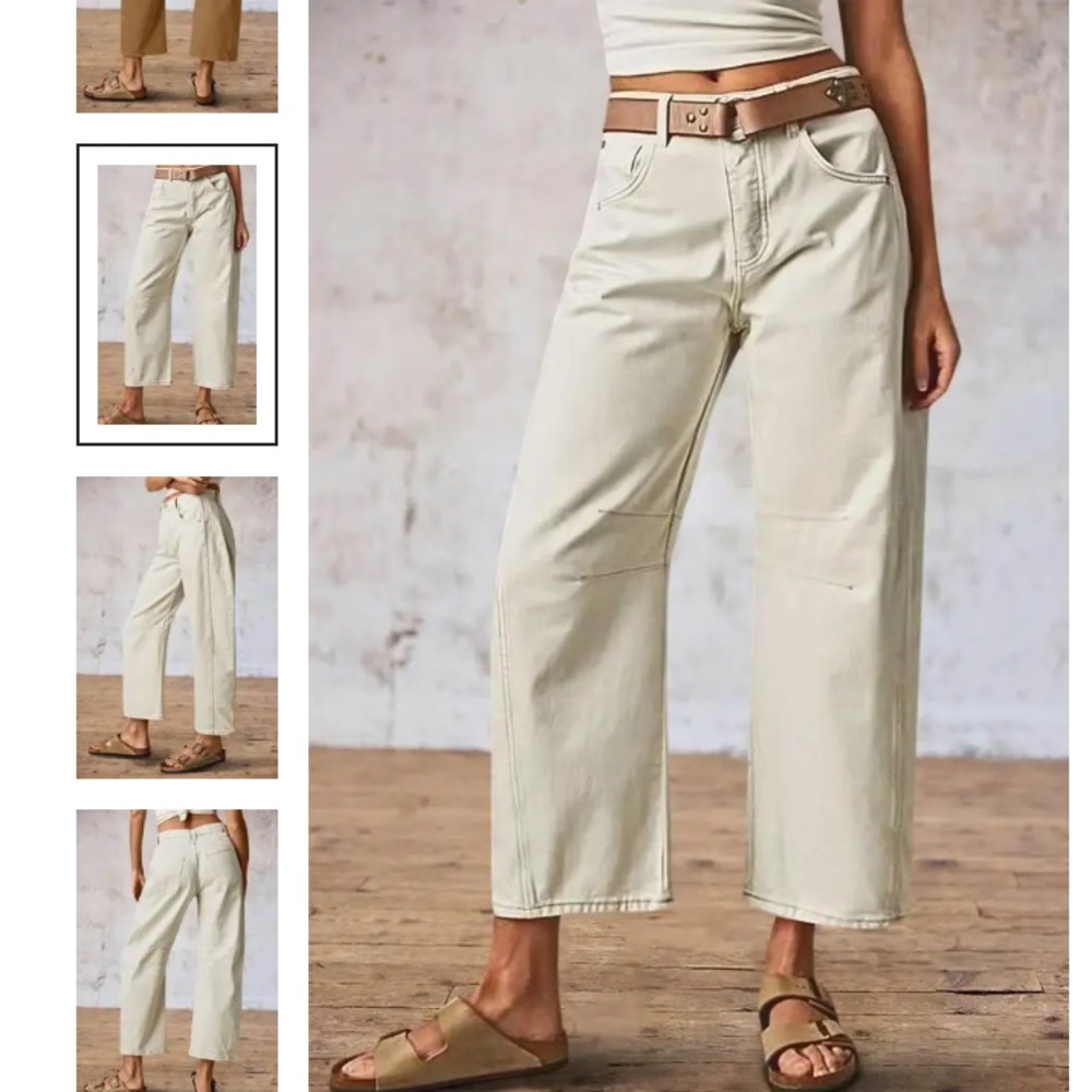 Flamingals Solid Stitch Detail Mid Waist Crop Straight Leg in Cream